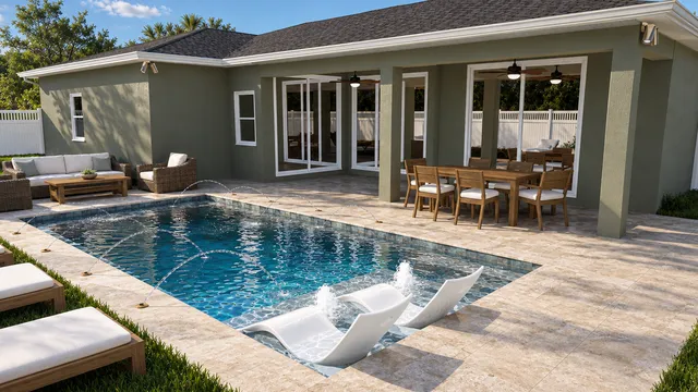 Render of the Payne pool and sunshelf, view 01 (day aerial)