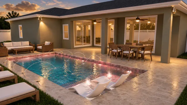 Render of the Payne pool and sunshelf, view 02 (evening view)