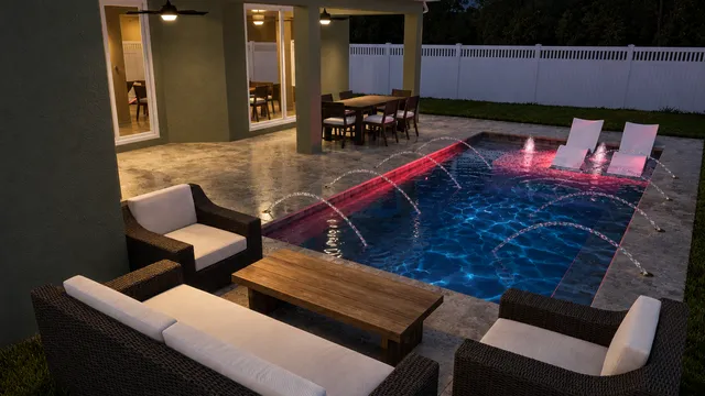 Render of the Payne pool and sunshelf, view 06 (evening view)